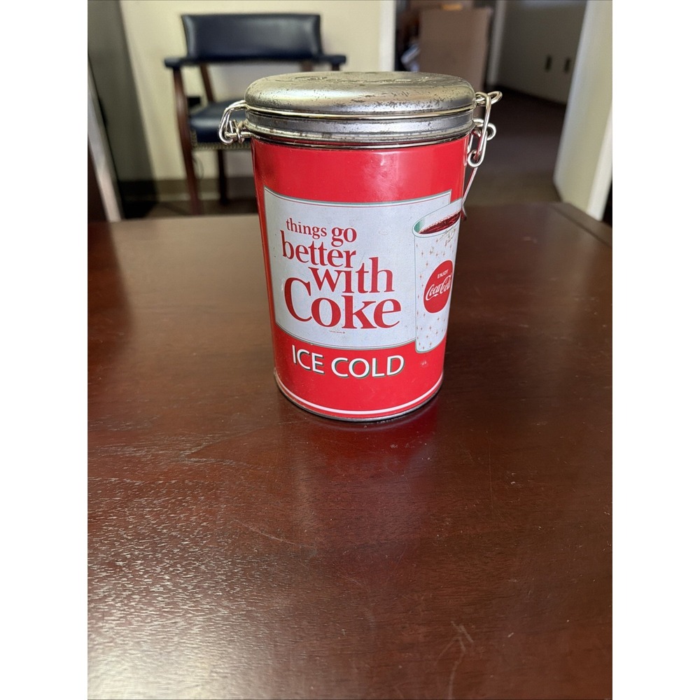 Vintage Reproduction Coca Cola 3&3/4"x6" Red Round Tin Canister